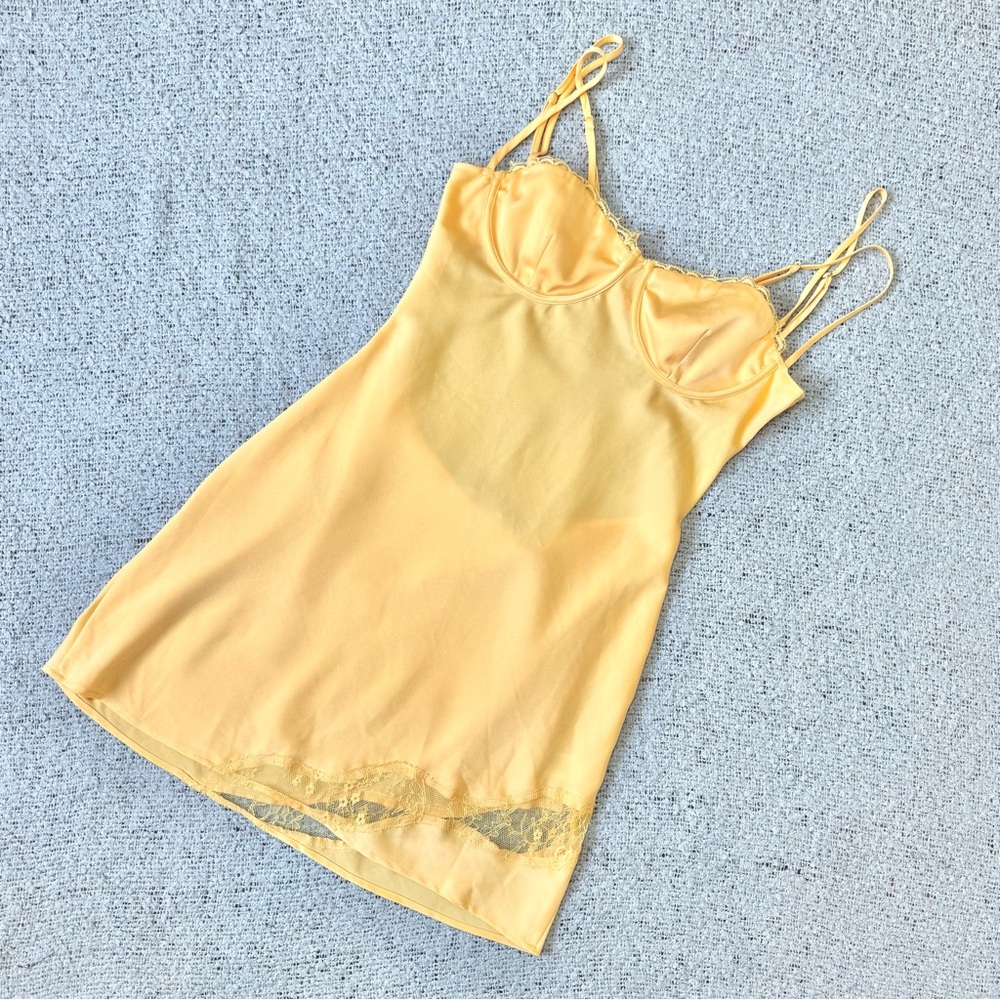 Meshki Satin Lace Slip Mini Dress Joslyn Lemon Yellow size L - Picture 2 of 11